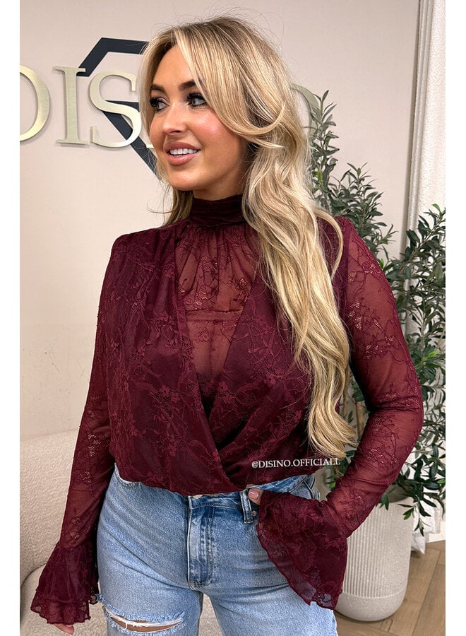BORDEAUX – ‘ALTHEA TOP’ – HIGH NECK LACE FLARED SLEEVE TOP