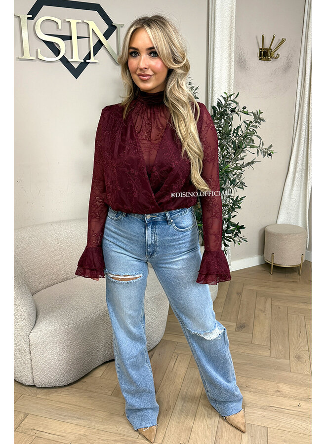 BORDEAUX – ‘ALTHEA TOP’ – HIGH NECK LACE FLARED SLEEVE TOP