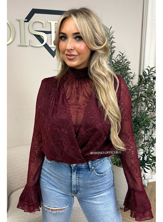 BORDEAUX – ‘ALTHEA TOP’ – HIGH NECK LACE FLARED SLEEVE TOP
