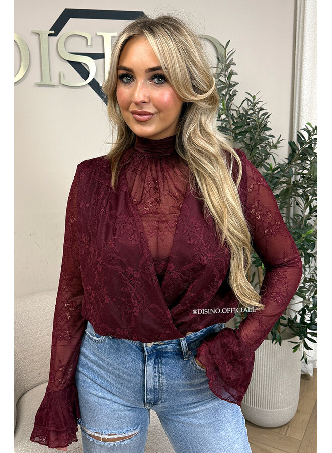 BORDEAUX – ‘ALTHEA TOP’ – HIGH NECK LACE FLARED SLEEVE TOP