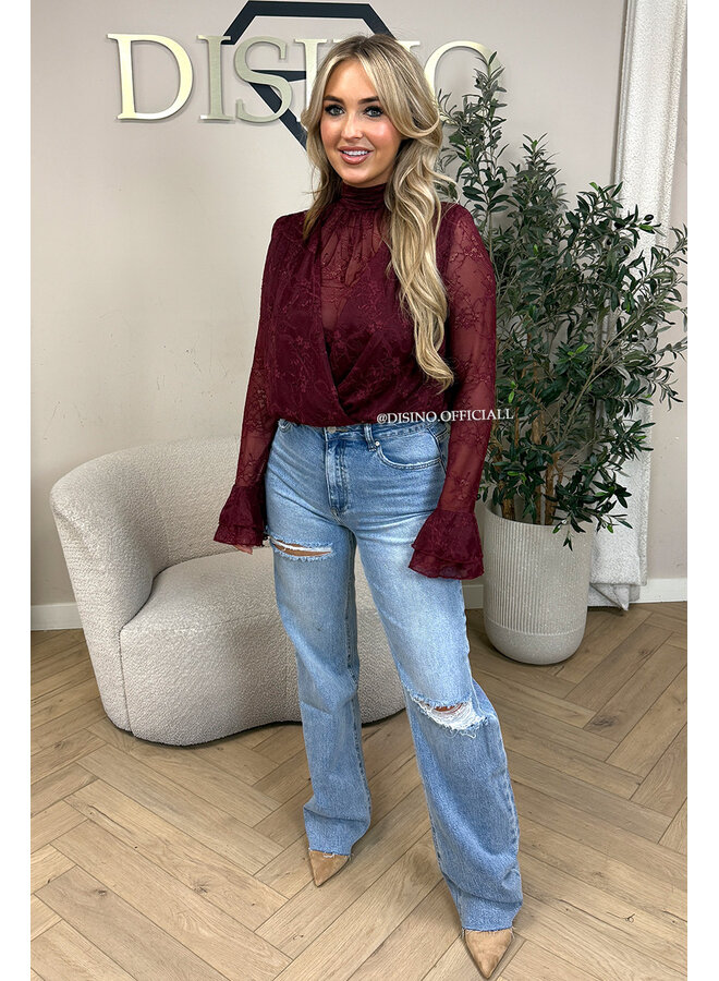 BORDEAUX – ‘ALTHEA TOP’ – HIGH NECK LACE FLARED SLEEVE TOP