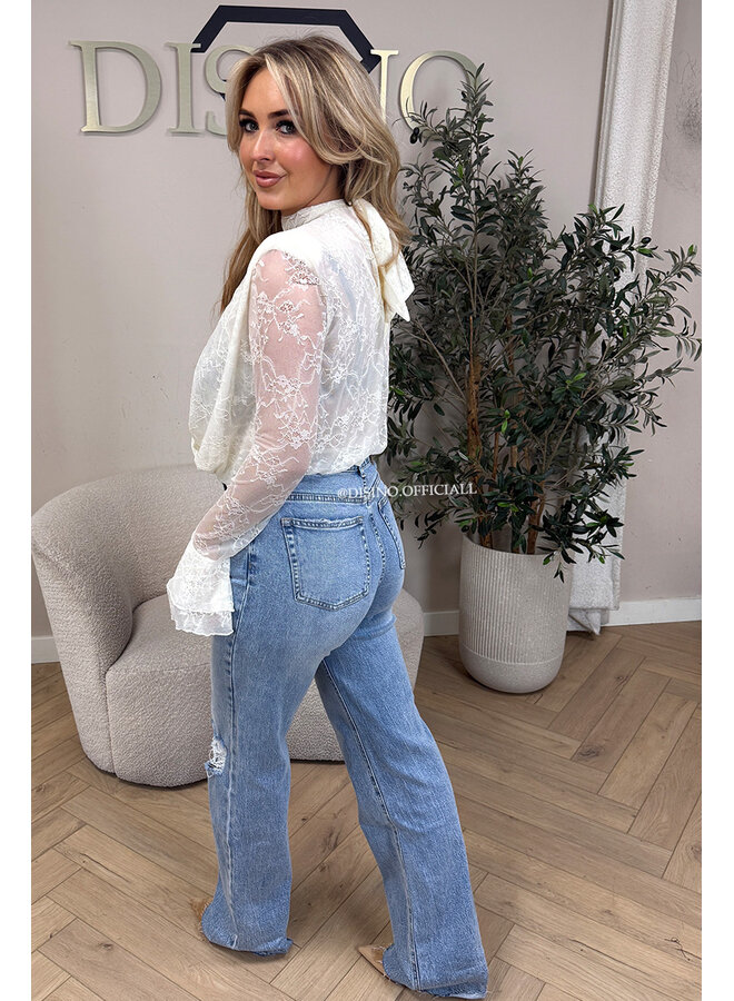 WHITE – ‘ALTHEA TOP’ – HIGH NECK LACE FLARED SLEEVE TOP
