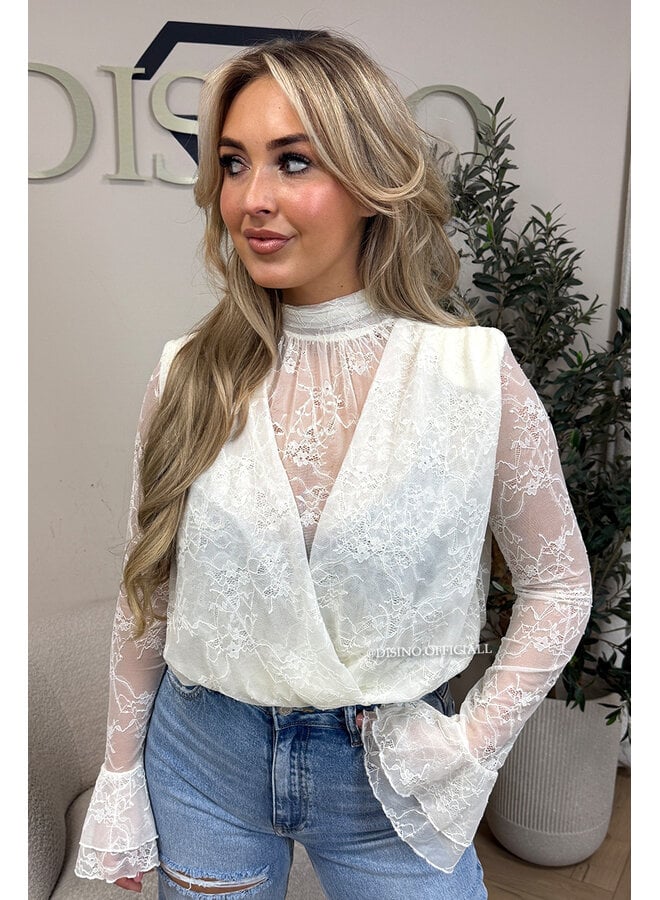 WHITE – ‘ALTHEA TOP’ – HIGH NECK LACE FLARED SLEEVE TOP