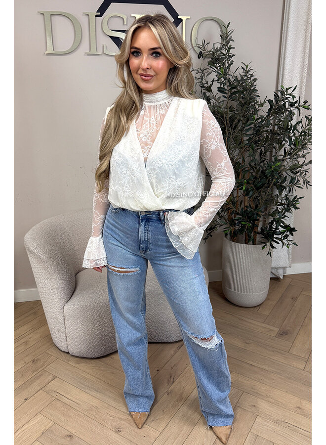 WHITE – ‘ALTHEA TOP’ – HIGH NECK LACE FLARED SLEEVE TOP