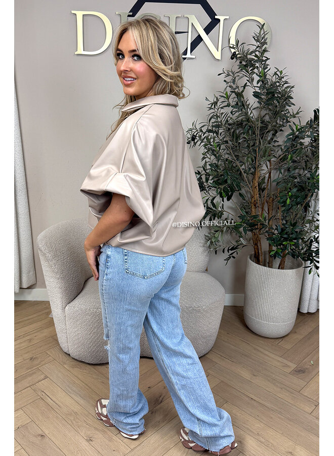 BEIGE - 'LIVA TOP' -  FAUX LEATHER OVERSIZED BLOUSE