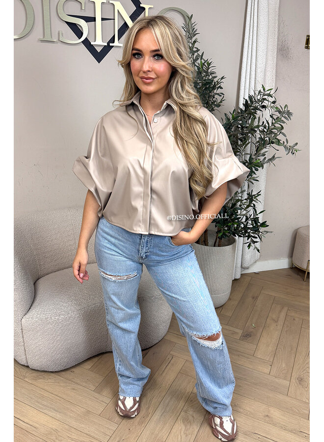 BEIGE - 'LIVA TOP' -  FAUX LEATHER OVERSIZED BLOUSE