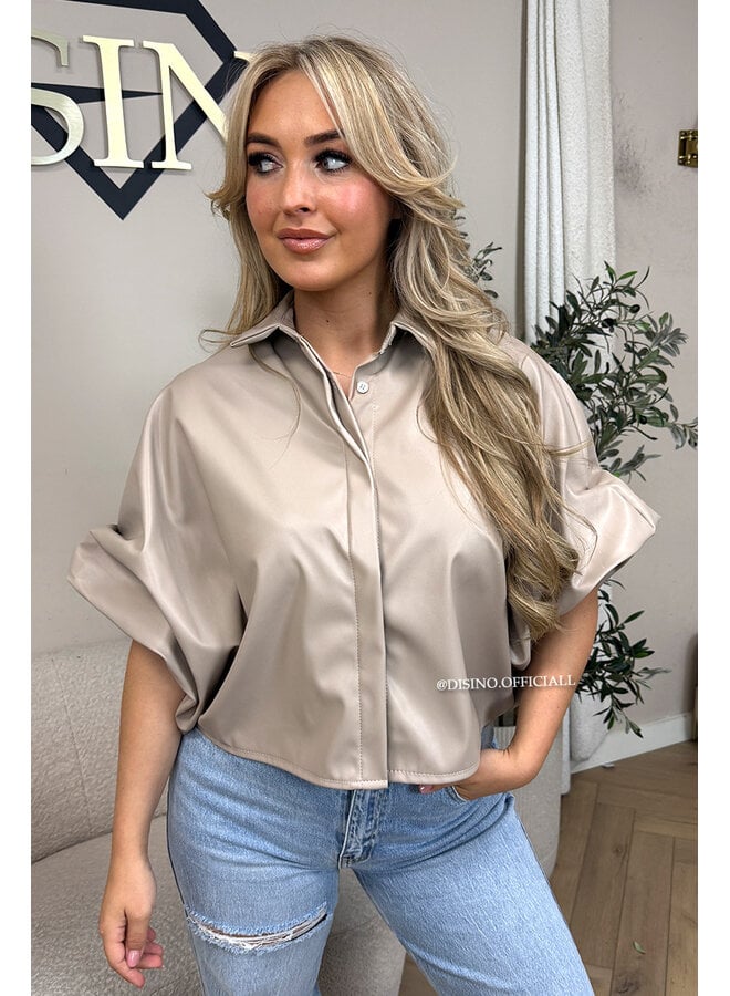 BEIGE - 'LIVA TOP' - FAUX LEATHER OVERSIZED BLOUSE