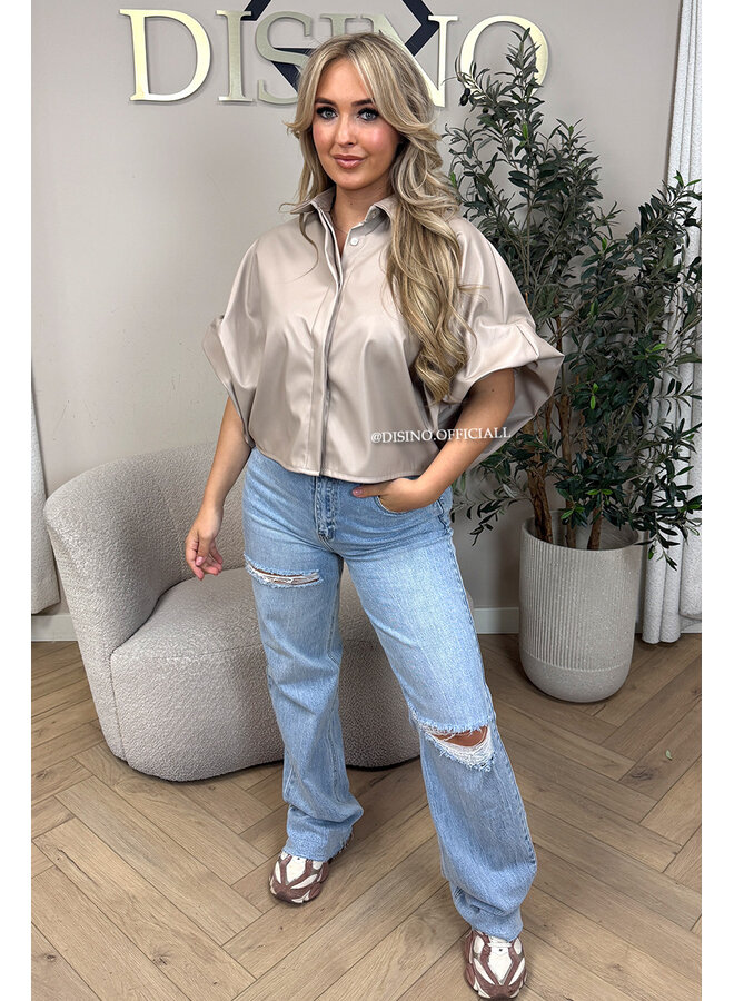BEIGE - 'LIVA TOP' -  FAUX LEATHER OVERSIZED BLOUSE