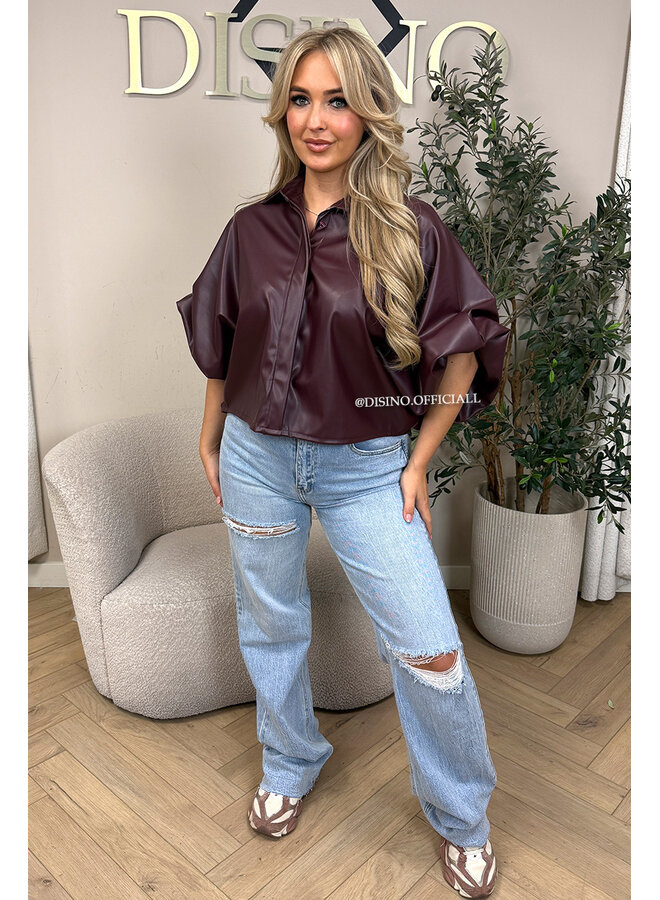 BURGUNDY - 'LIVA TOP' -  FAUX LEATHER OVERSIZED BLOUSE