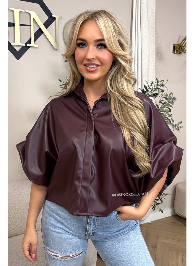 BURGUNDY - 'LIVA TOP' - FAUX LEATHER OVERSIZED BLOUSE