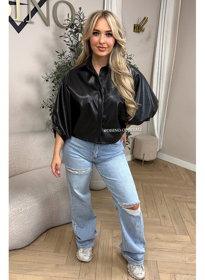 BLACK - 'LIVA TOP' -  FAUX LEATHER OVERSIZED BLOUSE