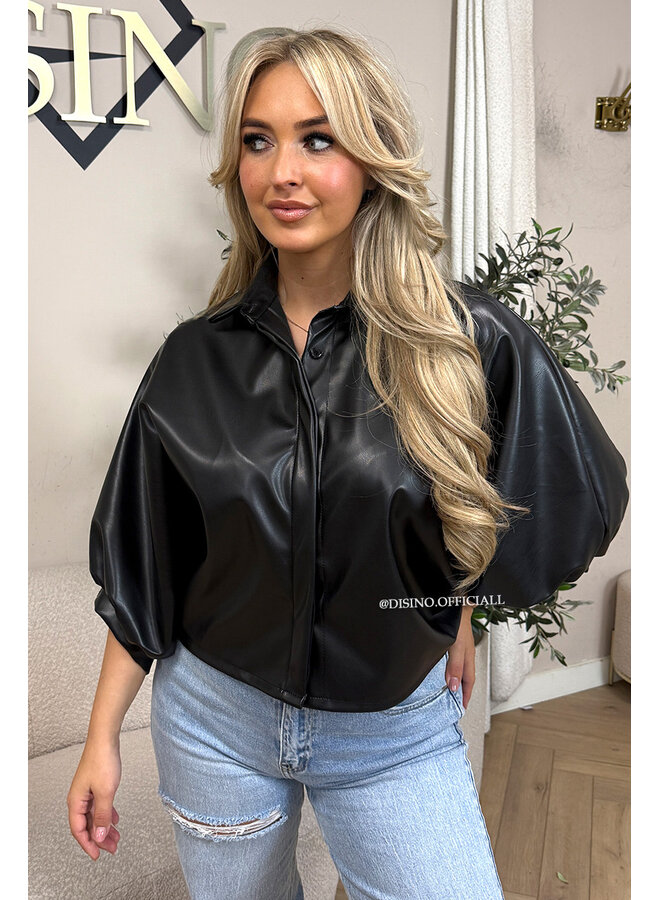 BLACK - 'LIVA TOP' - FAUX LEATHER OVERSIZED BLOUSE