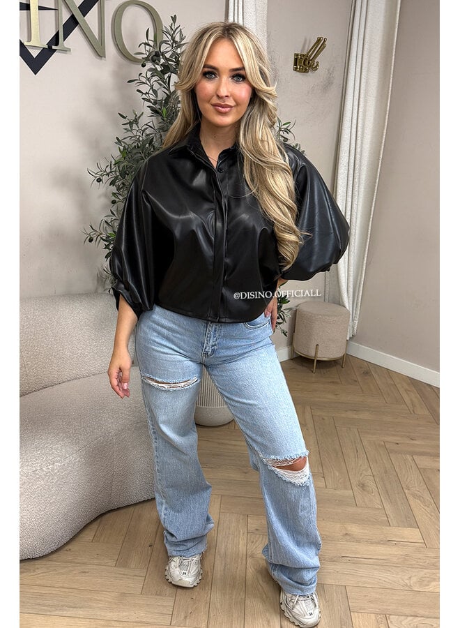 BLACK - 'LIVA TOP' -  FAUX LEATHER OVERSIZED BLOUSE