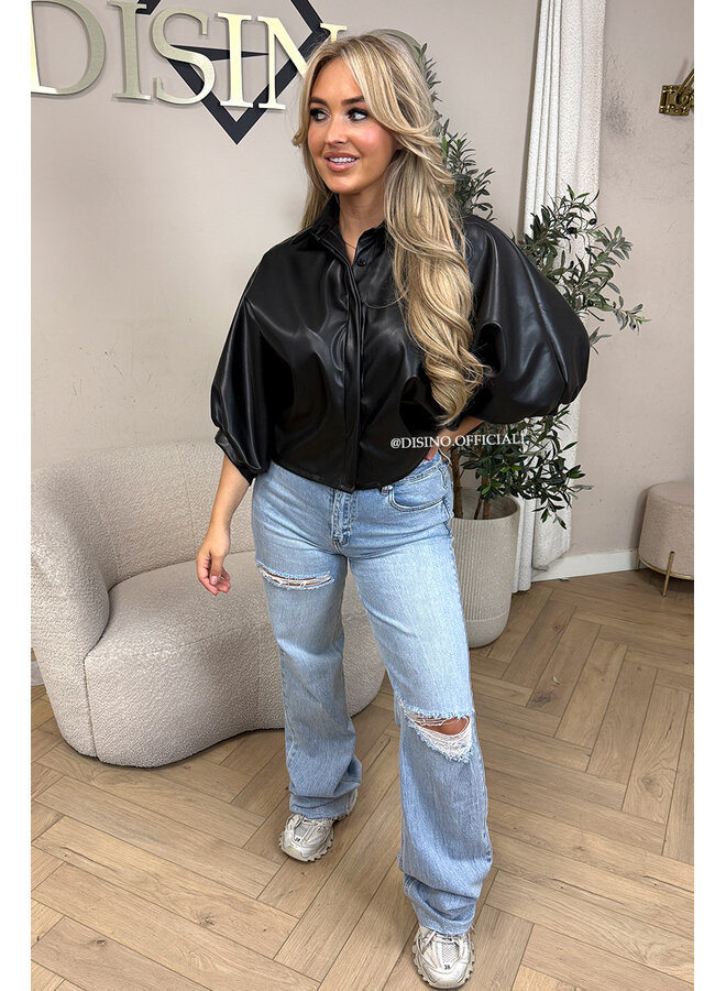 BLACK - 'LIVA TOP' -  FAUX LEATHER OVERSIZED BLOUSE