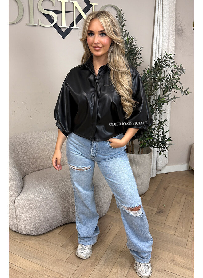 BLACK - 'LIVA TOP' -  FAUX LEATHER OVERSIZED BLOUSE