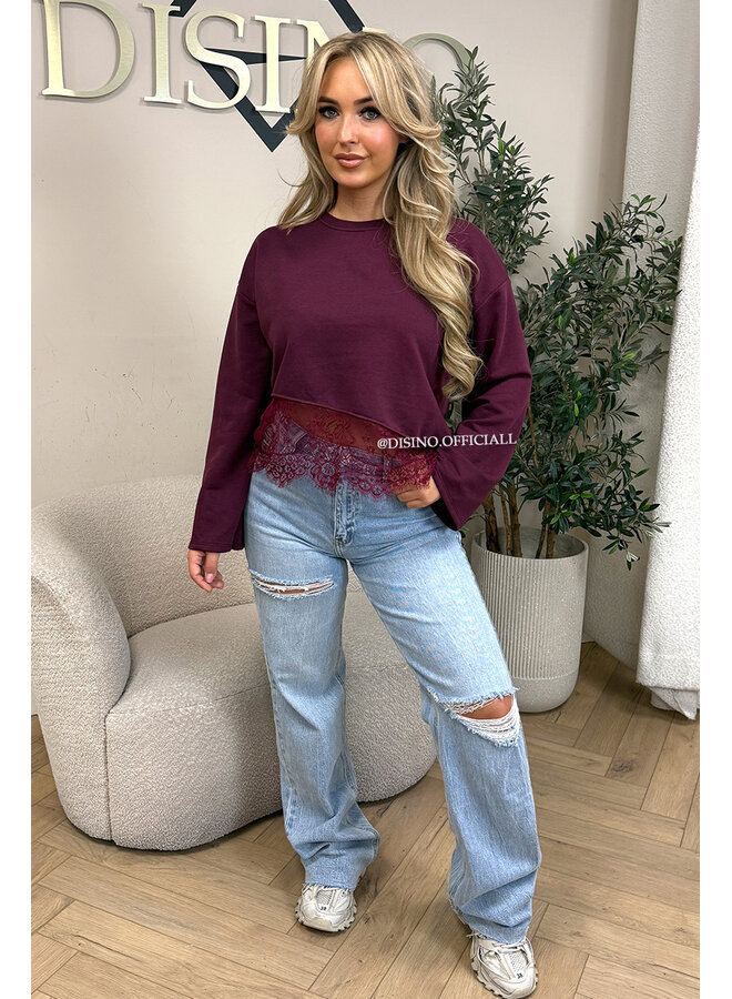 BURGUNDY - 'ELODIE SWEATER' - LACE DETAILS SWEATER TOP