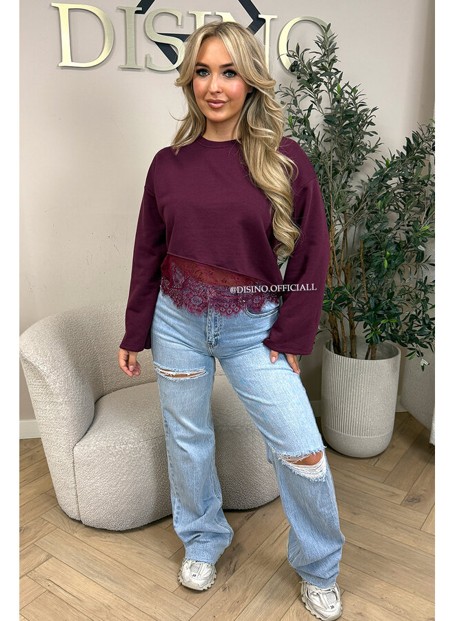BURGUNDY - 'ELODIE SWEATER' - LACE DETAILS SWEATER TOP