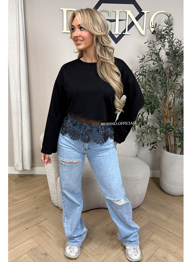 BLACK - 'ELODIE SWEATER' - LACE DETAILS SWEATER TOP