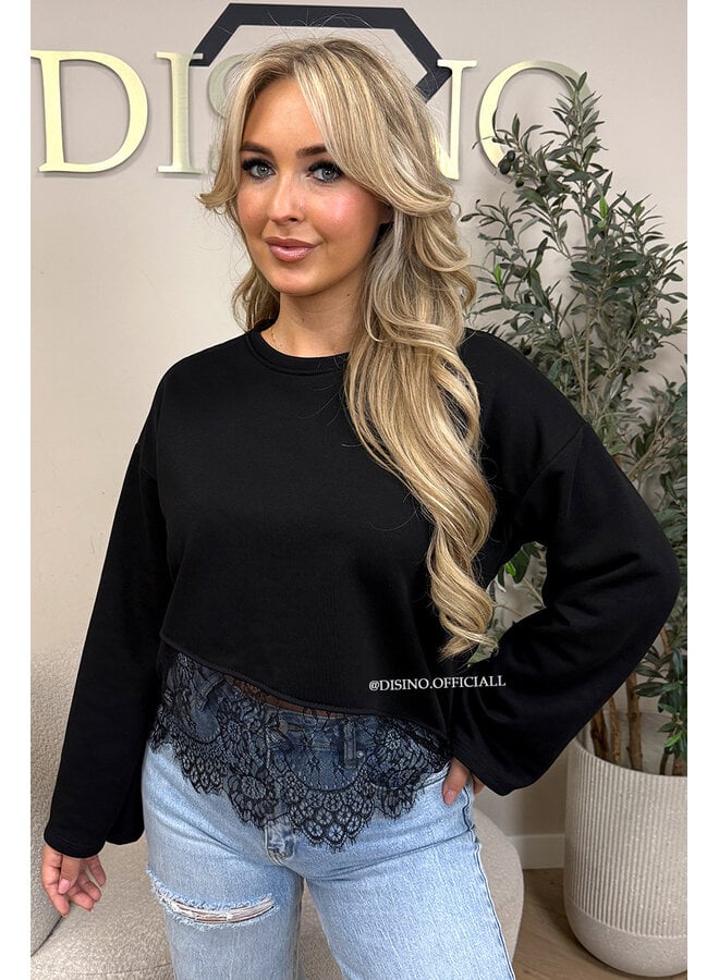 BLACK - 'ELODIE SWEATER' - LACE DETAILS SWEATER TOP