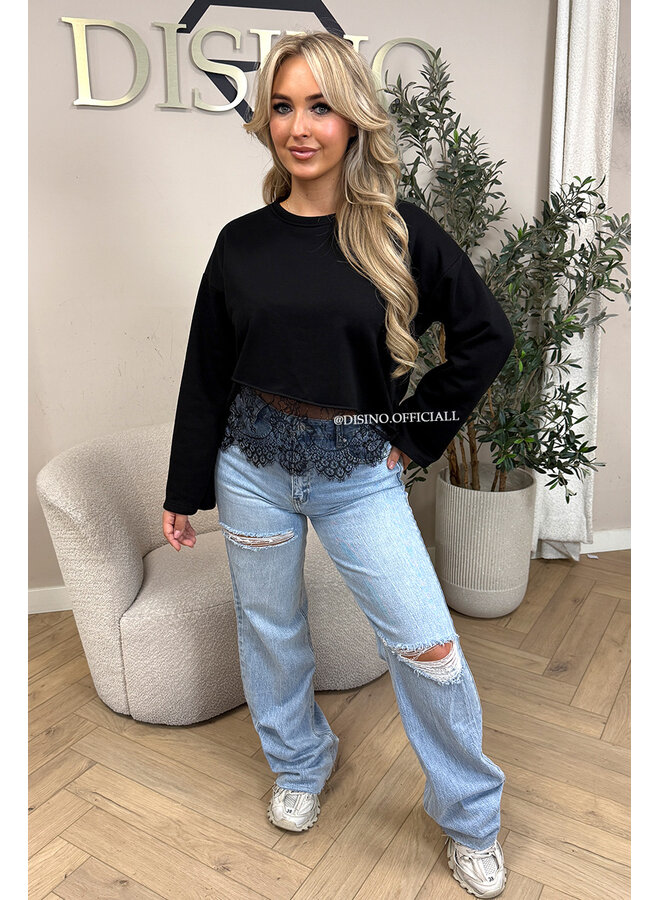BLACK - 'ELODIE SWEATER' - LACE DETAILS SWEATER TOP
