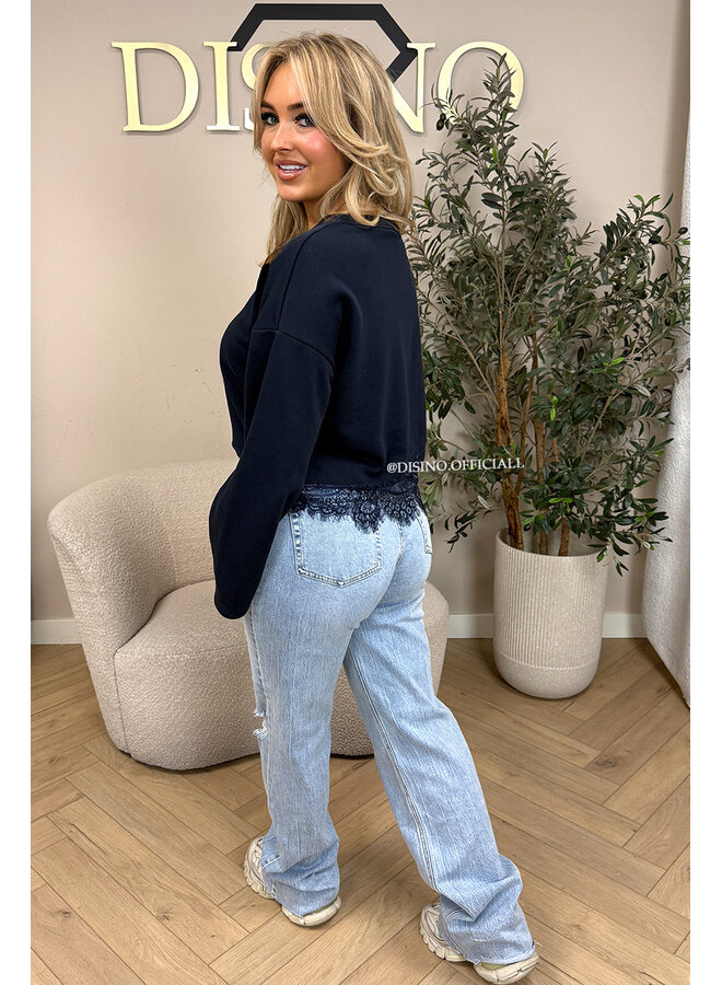NAVY BLUE - 'ELODIE SWEATER' - LACE DETAILS SWEATER TOP