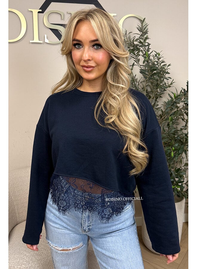 NAVY BLUE - 'ELODIE SWEATER' - LACE DETAILS SWEATER TOP