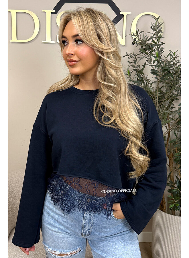 NAVY BLUE - 'ELODIE SWEATER' - LACE DETAILS SWEATER TOP