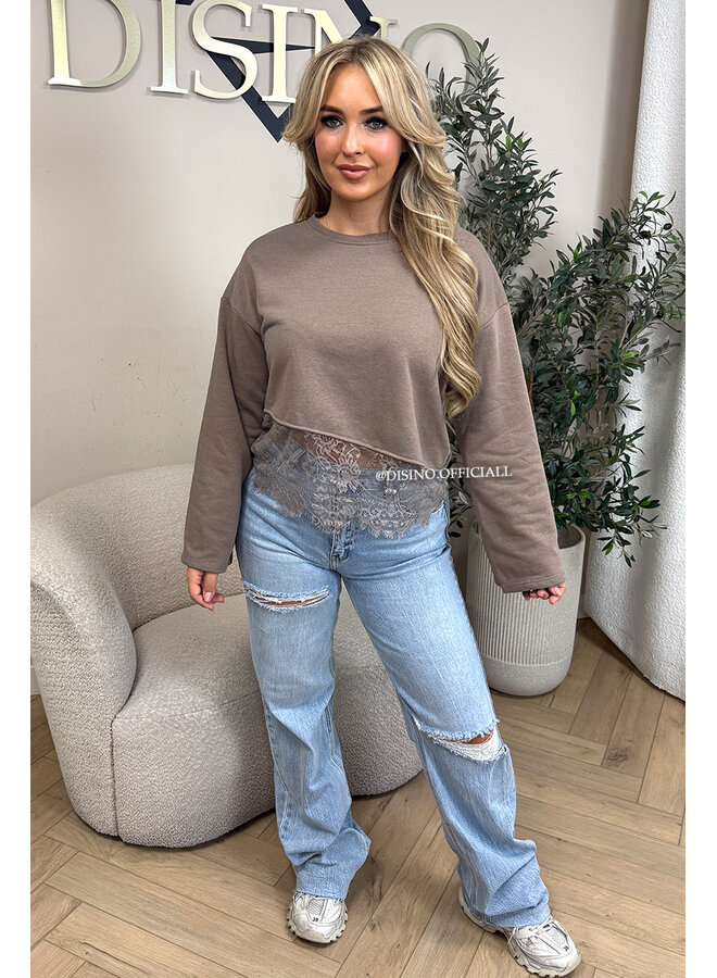 TAUPE - 'ELODIE SWEATER' - LACE DETAILS SWEATER TOP