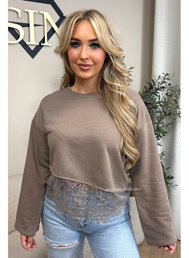 TAUPE - 'ELODIE SWEATER' - LACE DETAILS SWEATER TOP