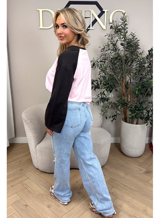 PINK/CHOCO - 'LIDA LONGSLEEVE' - RAGLAN LONGSLEEVE TOP