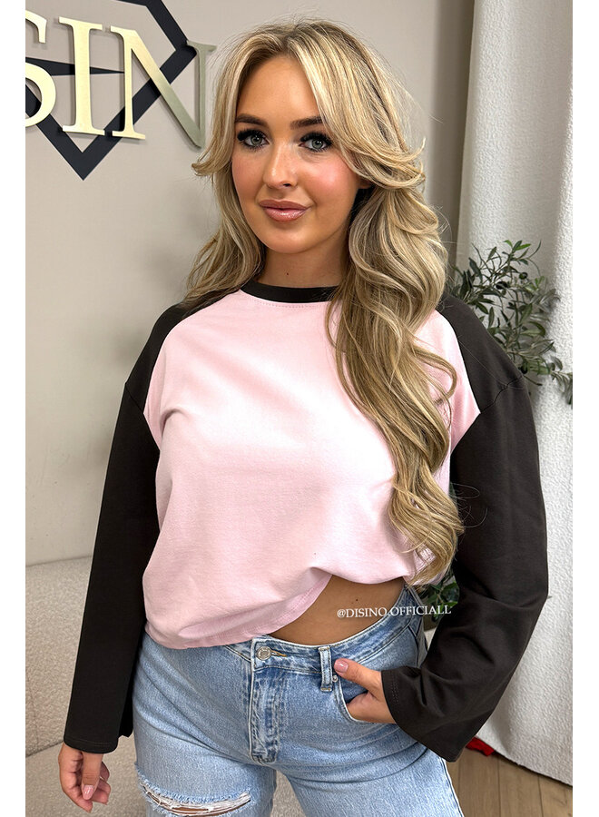 PINK/CHOCO - 'LIDA LONGSLEEVE' - RAGLAN LONGSLEEVE TOP