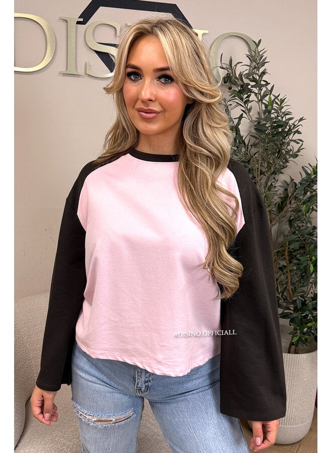 PINK/CHOCO - 'LIDA LONGSLEEVE' - RAGLAN LONGSLEEVE TOP