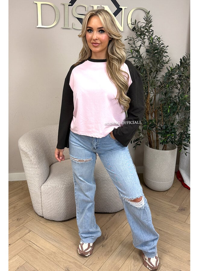 PINK/CHOCO - 'LIDA LONGSLEEVE' - RAGLAN LONGSLEEVE TOP