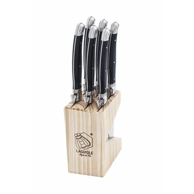 Laguiole Steakmessen Premium Line, 6 stuks zwart in houten blok