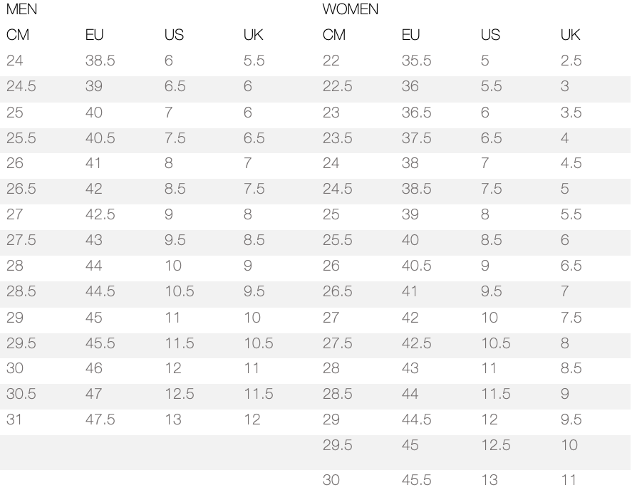 adidas unisex shoe size chart