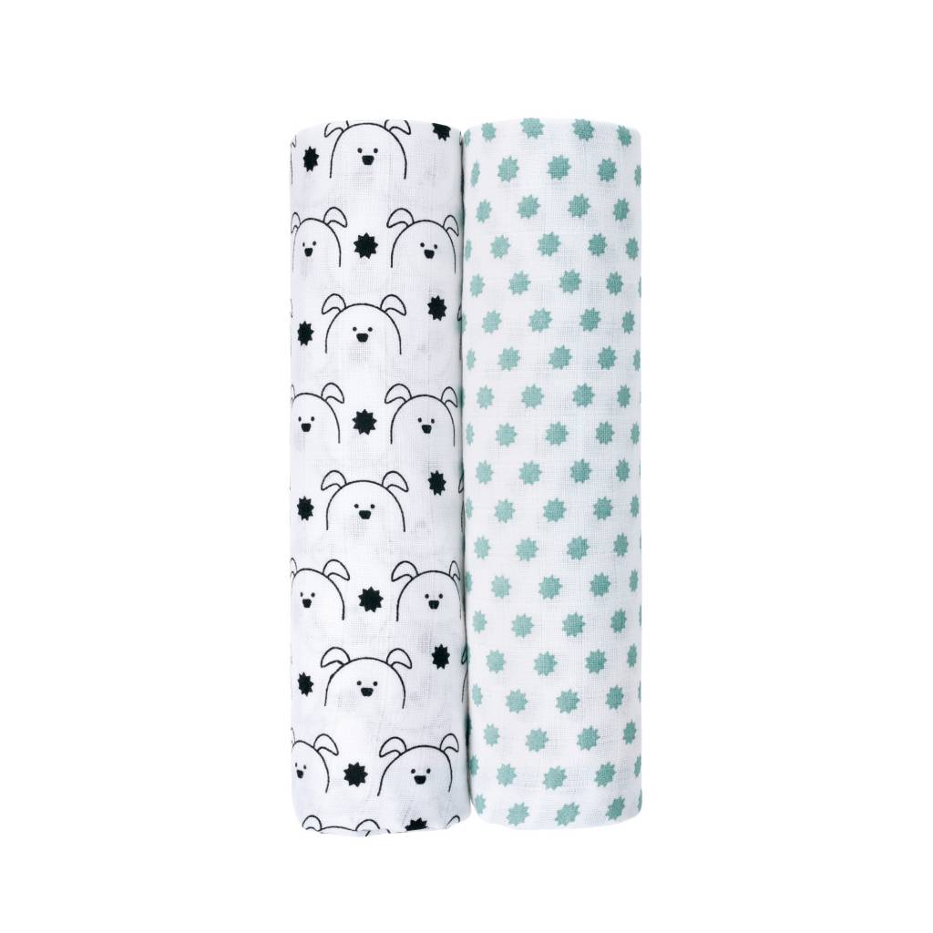 Lässig Lässig swaddle & burp doek / luier 2 stuks 120x120cm little chums hond Lässig Lässig swaddle & burp doek / luier 2 stuks 120x120cm little chums hond