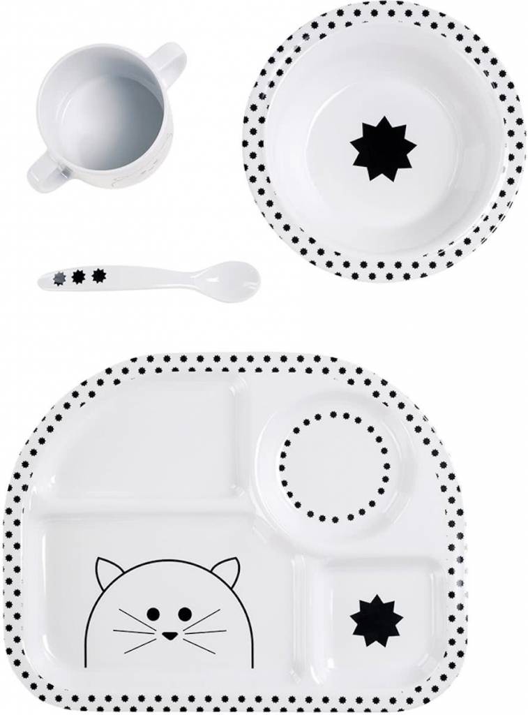 Lässig Lässig servies-setje met silicone little chums poes wit Lässig Lässig servies-setje met silicone little chums poes wit