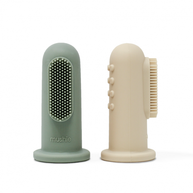 Mushie - Vinger tandenborstel - Shifting Sand & Cambridge Blue