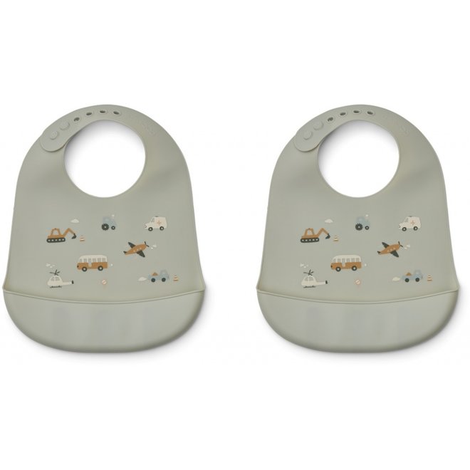 Liewood - Tilda Silicone Bib 2-Pack - Vehicles/dove blue mix