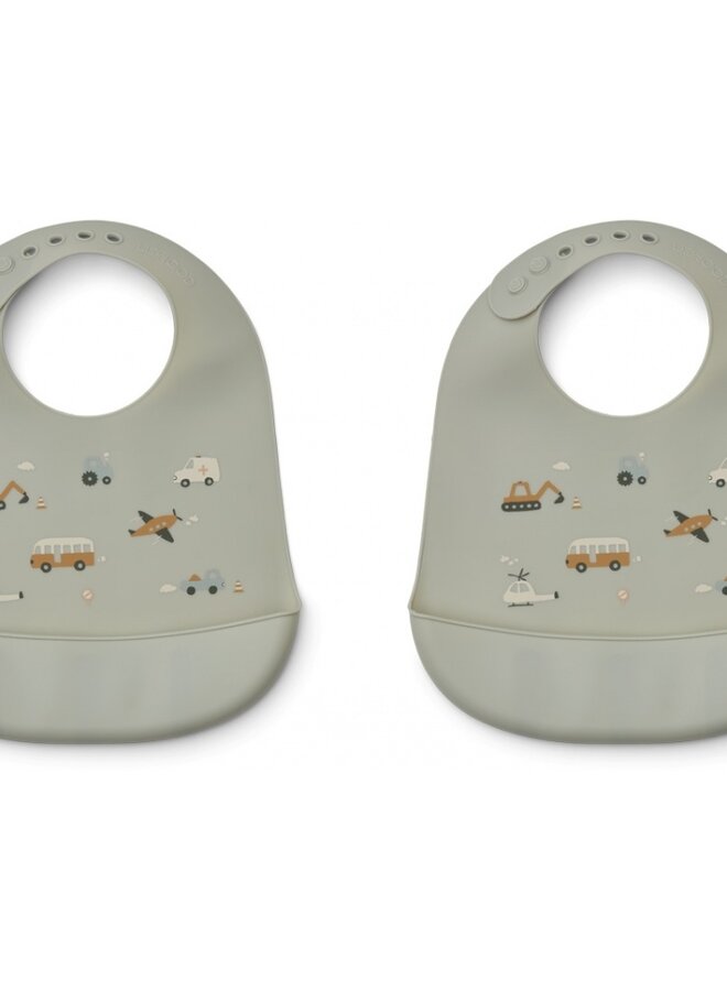 Liewood - Tilda Silicone Bib 2-Pack - Vehicles/dove blue mix