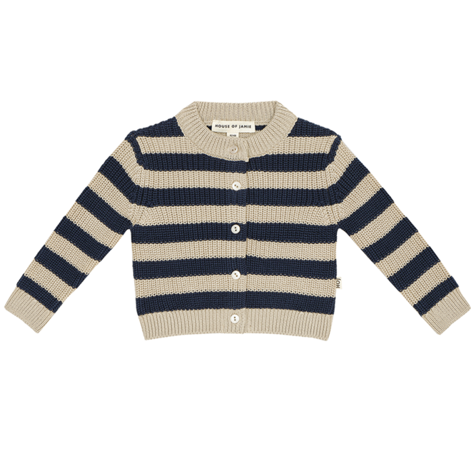 House of Jamie - Knitted Baby Cardigan  Soft Beige & Blue Stripes Knit