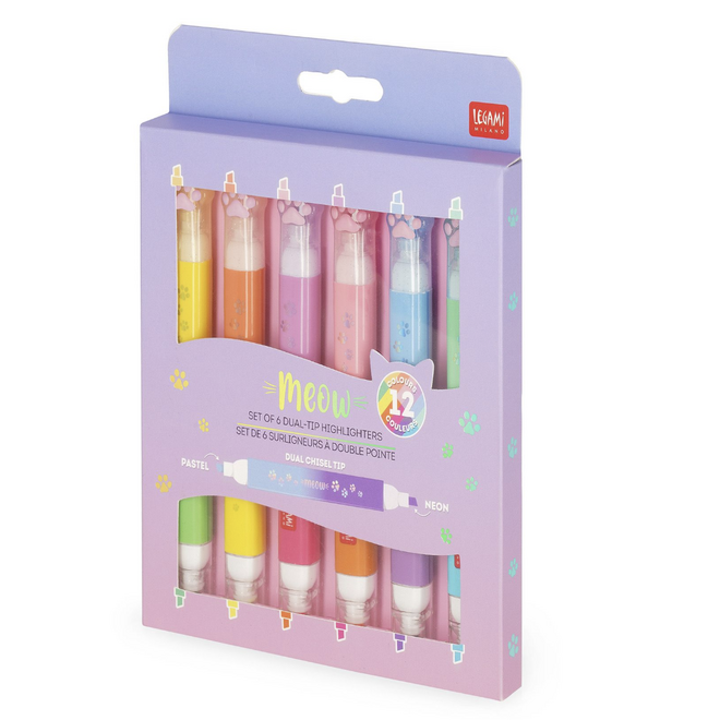 Legami Meow dual tip highlighters 12 colours Kitty