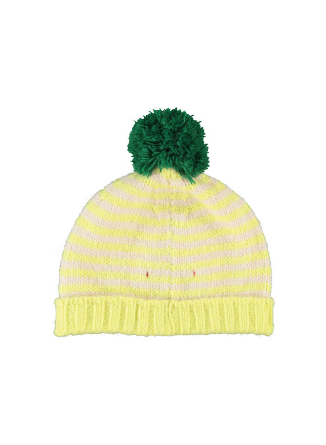 Piupiuchick - Knitted hat with pompon - lime & ecru stripes