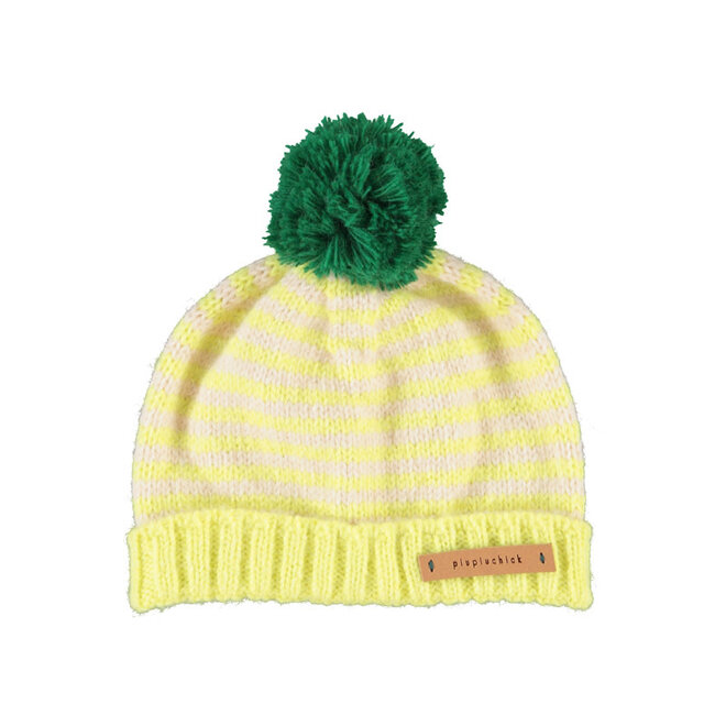 Piupiuchick - Knitted hat with pompon - lime & ecru stripes