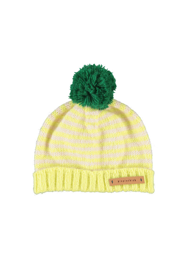 Piupiuchick - Knitted hat with pompon - lime & ecru stripes