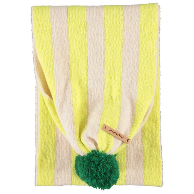Piupiuchick - Knitted pompon scarf - lime & ecru stripes