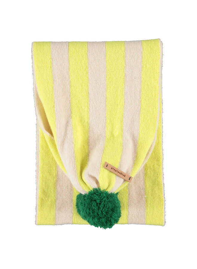 Piupiuchick - Knitted pompon scarf - lime & ecru stripes
