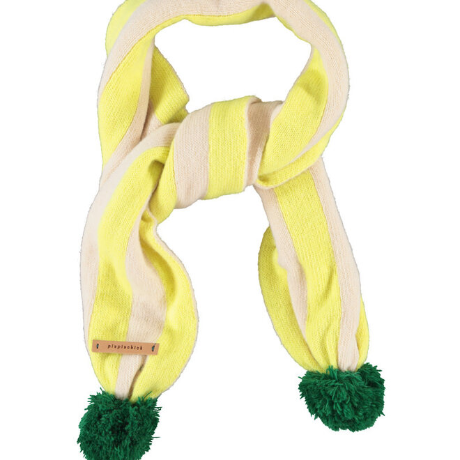 Piupiuchick - Knitted pompon scarf - lime & ecru stripes