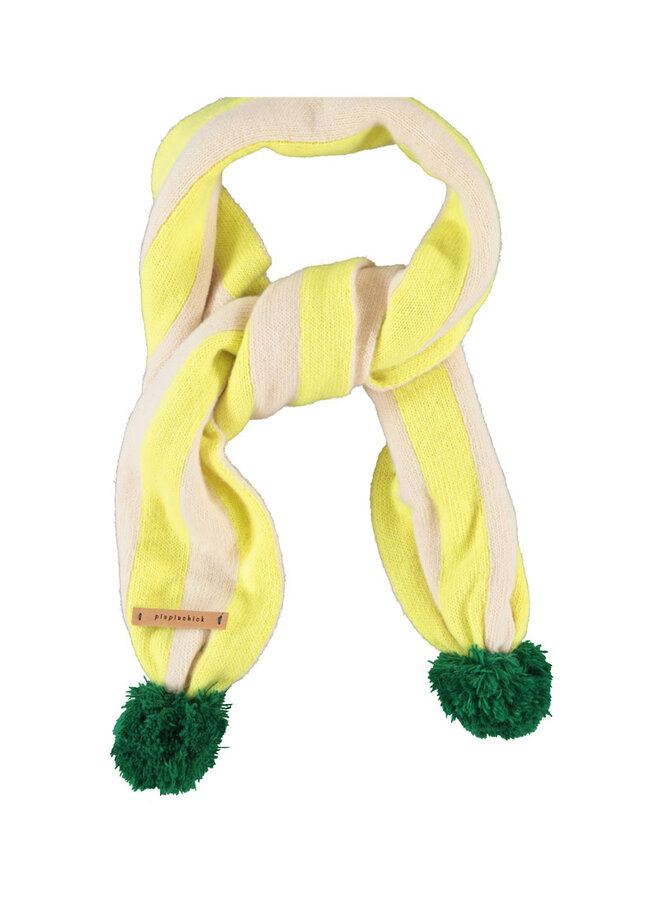 Piupiuchick - Knitted pompon scarf - lime & ecru stripes