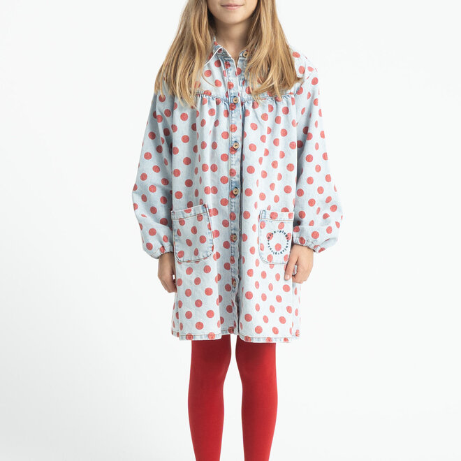 Piupiuchick - Short dress light blue denim red dots